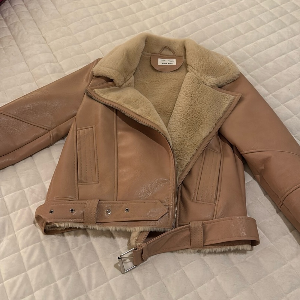 Zara Kids Light Pink Faux Leather Fur Moto Jacket